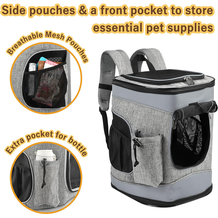 Рюкзак для тварин Kritter Planet з сітчастими вікнами, дихаючий та складаний, для собак та котів, знімний килимок, для походів, велосипеда, активного відпочинку, 7 кг, світло-сірий