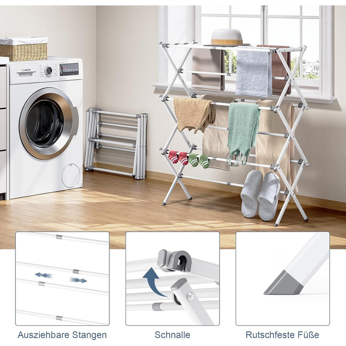 Складаний сушильник для білизни з 11 перекладинами, 3-ярусний розсувний, для дому та вулиці, сірий та білий