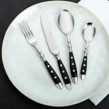 GRÄWE Stainless Steel Cutlery Set for 6 People, Heavy, Rustic, Flatware Set 24-Piece, Forged Cutlery with Black Handles - Nuremberg Series