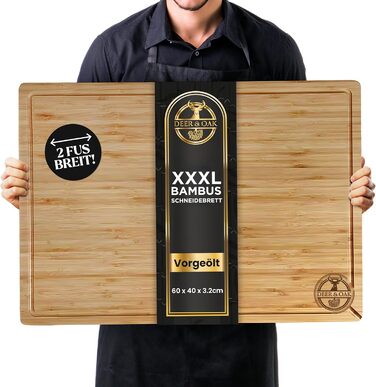 Дерев'яний обрізний стіл Deer & Oak XXXL 60x40x3.2 см - Преміум дерев'яний стіл для кухні, бамбуковий обрізний стіл 60 см, обрізні дошки для сервірування та нарізання - двосторонній, попередньо олійований, з жолобками для соку, бічні ручки