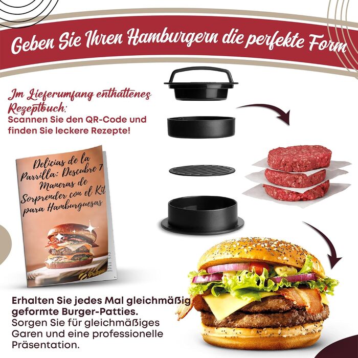 Набір для приготування Smash Burger: прес для бургерів, 2 форми для сиру, лопатка та шампури для гриля – ідеальний подарунок для чоловіків та любителів гриля (9 шт., чорний)