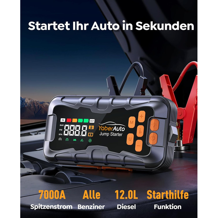 Пауербанк для авто 27000mAh 7000A з компресором 160PSI, пусковий пристрій для бенз./диз. (до 12.0L), ліхтарик, молоток-розбивач скла, набір інструментів