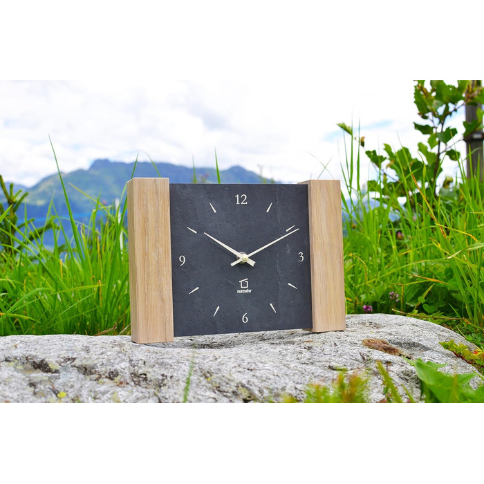 Wall clock, Matterhorn design, wood, oak, light stone, slate (Black/limed oak - radio controlled) (Quartz movement)