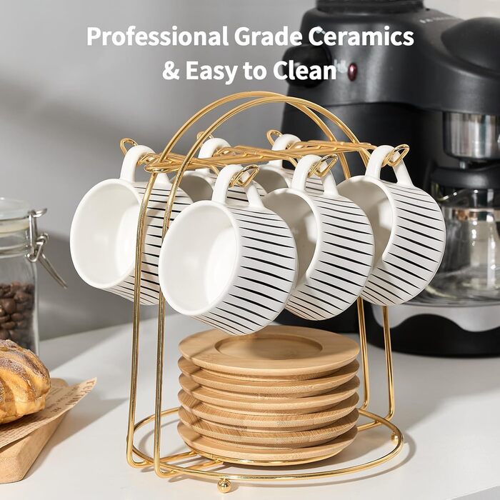 Набір порцелянових чашок для еспресо та кави Лука (6 шт.) з металевим підставкою, 118 мл, смугастий дизайн, білий та чорний