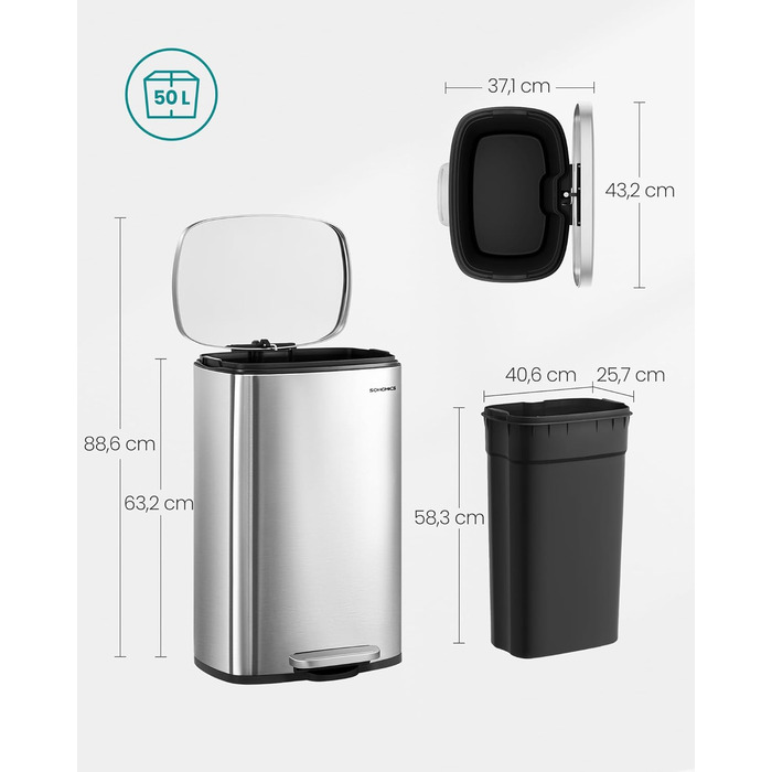 Відро для сміття SONGMICS 50 літрів з педаллю, нержавіюча сталь, з м'яким закриттям, з внутрішнім відром