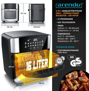 Фритюрниця Arendo XXL 16 літрів: духовка, гриль, сушарка, Air Fryer з сенсорним екраном EasyClean без олії. Ідеально для піци, курки та картоплі фрі. Без BPA.