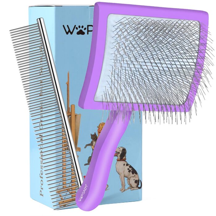 Гребінець для собак та котів Slicker з дерев'яною ручкою та довгими нержавіючими шпильками - видаляє підшерсток, ковтуни та заплутування - з гребінцем для догляду - для Golden Retriever та Maine Coon - фіолетовий, великий