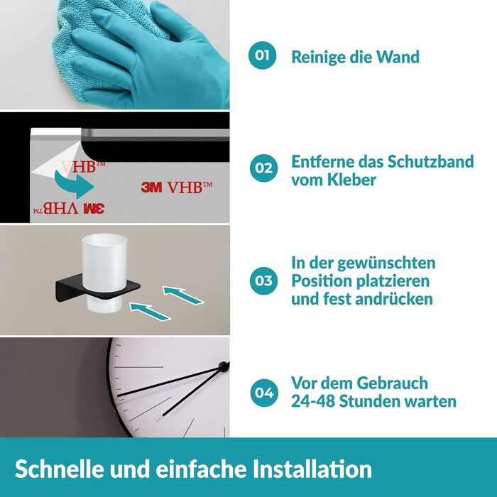 WEISSENSTEIN Toothbrush Holder without Drilling | Cup and Toothbrush Holder for Gluing to the Wall | Stainless Steel Holder and White Glass | in Matte Black