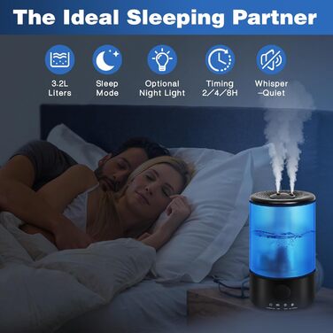 Зволожувач повітря для спальні Top-Fill, 3.2L, 360° Cool Mist, для дитячої кімнати та рослин, ультра-тихий, автоматичне відключення (блакитний)