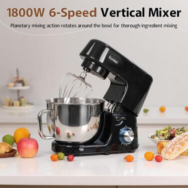Кухонна машина-міксер 1800W з чашею 7.2L з нержавіючої сталі, 6 швидкостей, низький шум, мультифункціональна (міксер, гак для тіста, вінчик), з кришкою, чорний