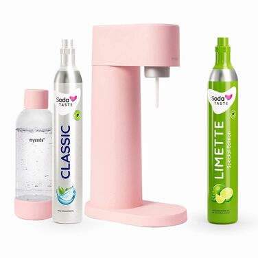 SodaTASTE Mysoda Woody: Газований пристрій з дерева, пляшка 1л BPA-free, 2 CO2 циліндри (Класик + Лайм, Рожевий)