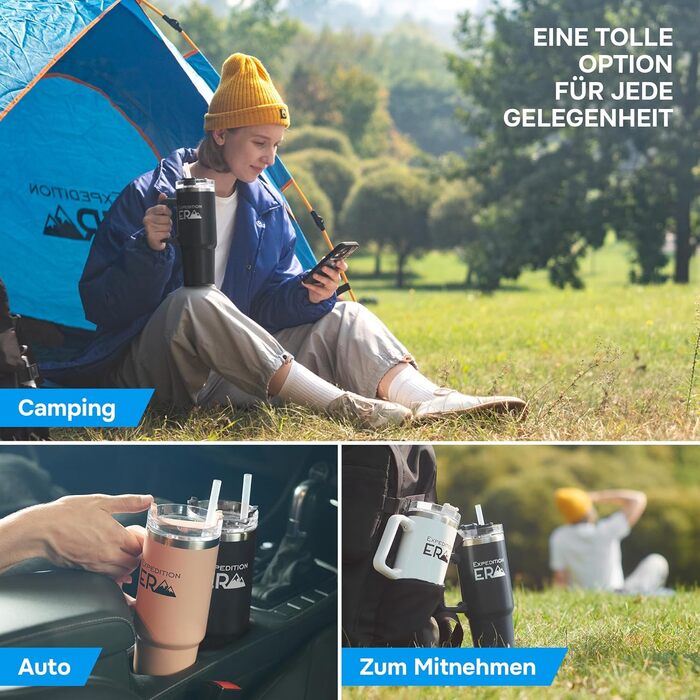 Термокружка з трубочкою 880 мл, з кришкою та ручкою, нержавіюча сталь, ізольована, велика, термокружка-чохайстер, для напоїв, подорожей, кави на виніс XXL (Чорний)