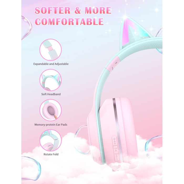 Бездротові навушники Bluetooth для дітей з LED-підсвіткою, котячими вушками та мікрофоном, HD стерео звук, складні, регульоване наголов'я, для дівчаток, PC/Tablet/Навчання/Школа (рожеві)