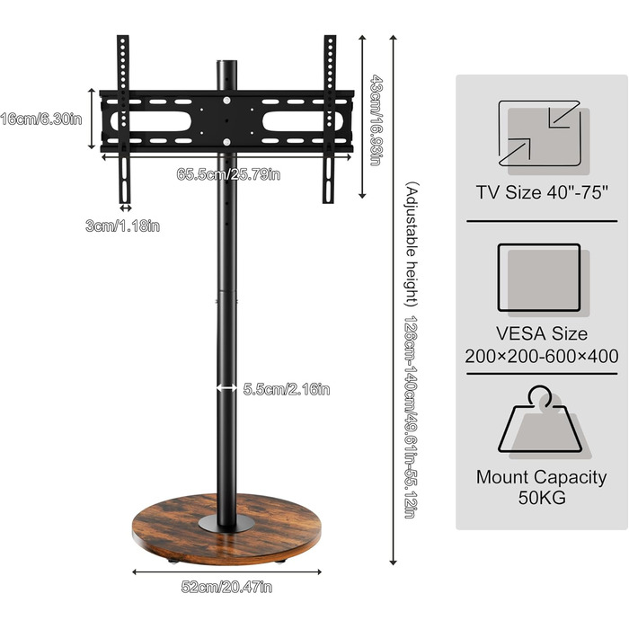 Підставка для телевізора Unho з регульованою висотою та коліщатками, для екранів 40-75 дюймів, VESA 600x400 мм, до 50 кг (Чорний)