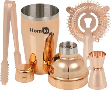 Homiu Stainless Steel Cocktail Shaker Set (550ml) with Rainbow Design, shimmering stainless steel, 5-piece: strainer, 2 jiggers (15/30ml) (Gold-Accented)