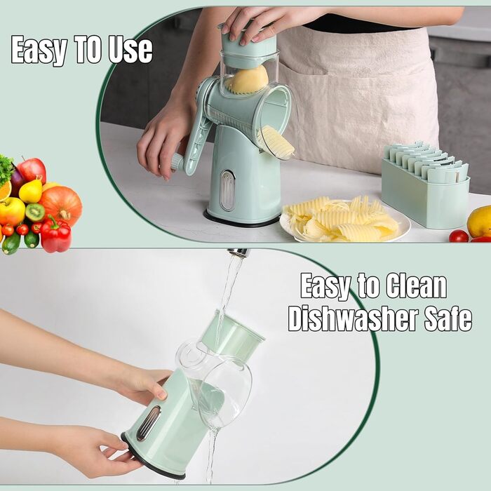 Ручна тертка для сиру та овочів з 5 зміненими лезами з нержавіючої сталі, кругла тертка з ручною рукояткою, харчовий подрібнювач для кухні, зелена коробка для зберігання