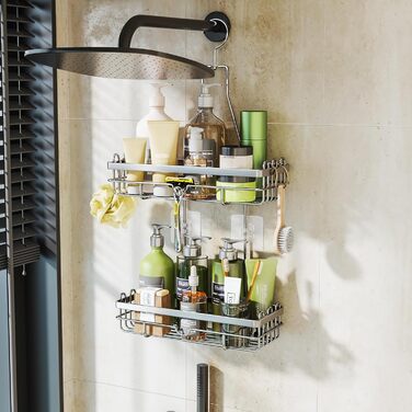 HapiRm Shower Shelf for Hanging, Hanging Shower Rack with Multiple Hooks - High-Quality Hanging Shower Basket Stainless Steel, No Drilling Required, Silver