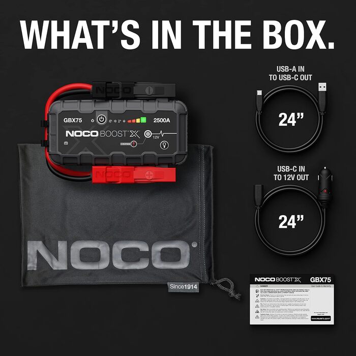NOCO Boost X GBX75: Портативний пусковий пристрій (Powerbank) – 2500A, 12V, для бензинових (8.5L) та дизельних (6.5L) двигунів