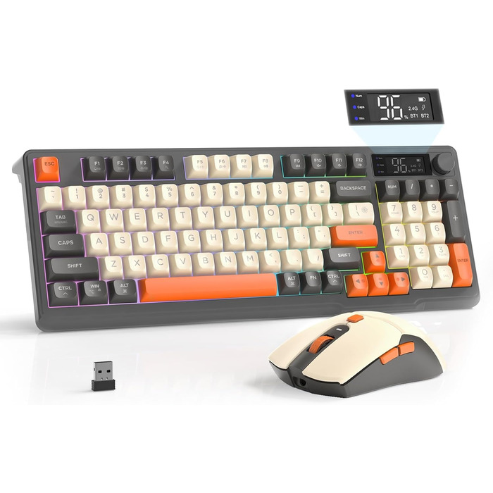 Бездротова клавіатура та миша FREEWOLF T96 з Bluetooth та 2.4G, PBT-клавіші, дисплеєм, тихими клавішами, Anti-Ghosting, QWERTY (Шиммер)