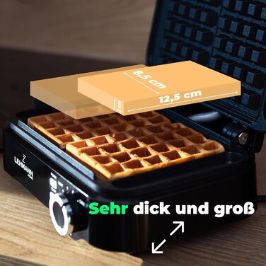 LEHMANN Double Belgian Waffle Maker - 1200W - Non-Stick - Adjustable Temperature - Makes Waffles in 3 Minutes