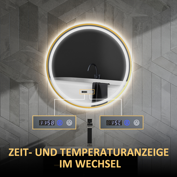 HOMCOM Round Bathroom Mirror with LED Lights, Anti-Fog Function, Touch Controls, and Display