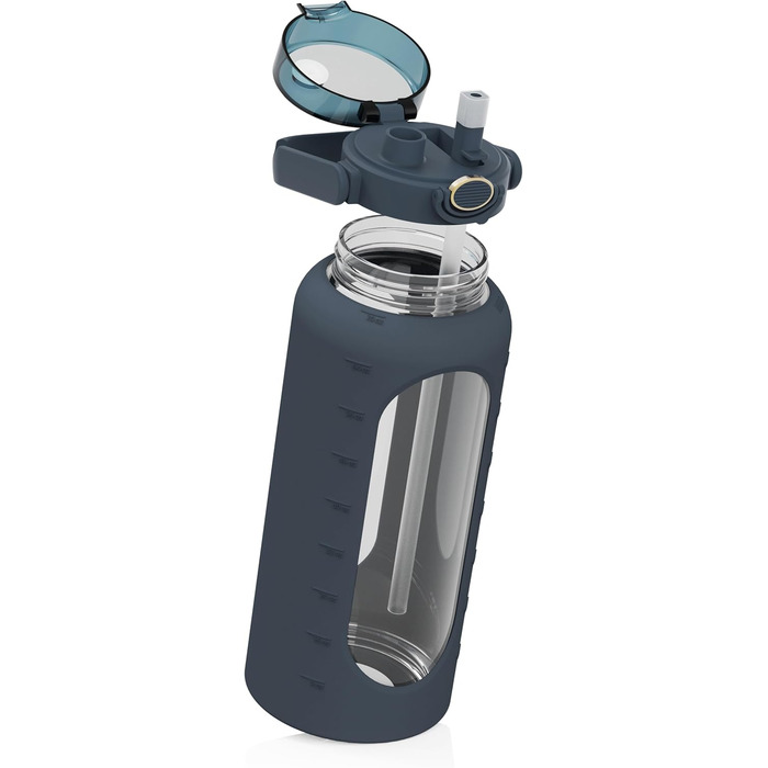 Glass Bottle 2 Liter - Drinking Bottle 2L Glass with Straw - Large Water Bottle with Silicone Sleeve - Leak-proof - Dishwasher-safe - BPA-free (Petrol)