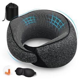 Подушка для шиї у літак, подушка для подорожей, з навушниками та маскою для очей, сіра
