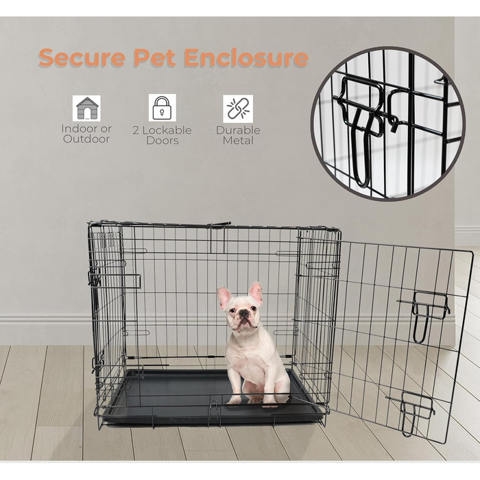 Клітка для собак DIVCHI з піддоном - міцна, складана, з подвійними дверима | 2 дверцята, легко миються, знімний піддон, будиночок для котів | Чорний (122x76x81cm) (61 x 45 x 51cm)
