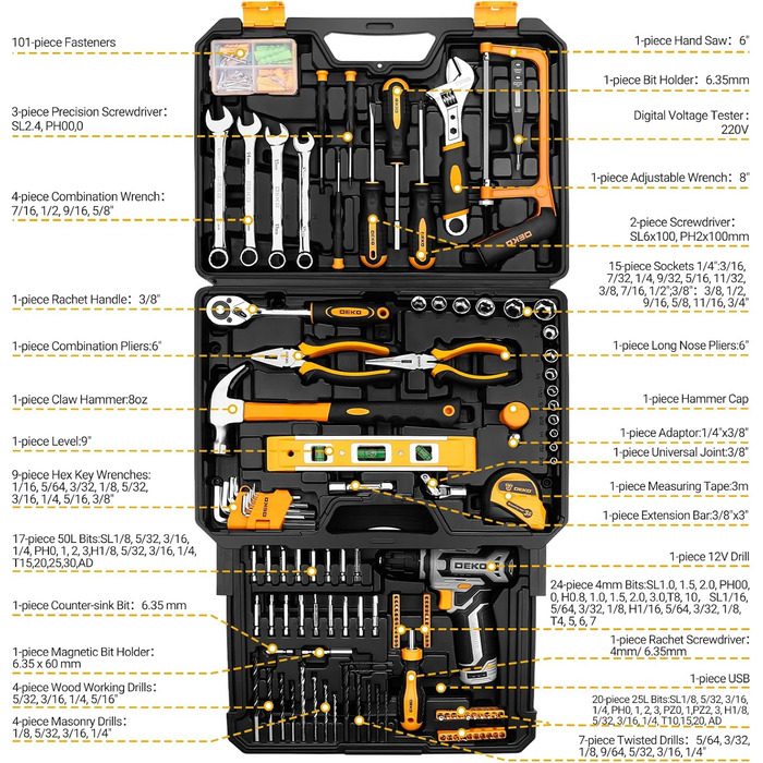 Акумуляторний дриль-шуруповерт DEKO 12V: набір інструментів 238 шт. з кейсом. Електричний дриль для дому, рукоділля та дрібного ремонту. Жовтий.