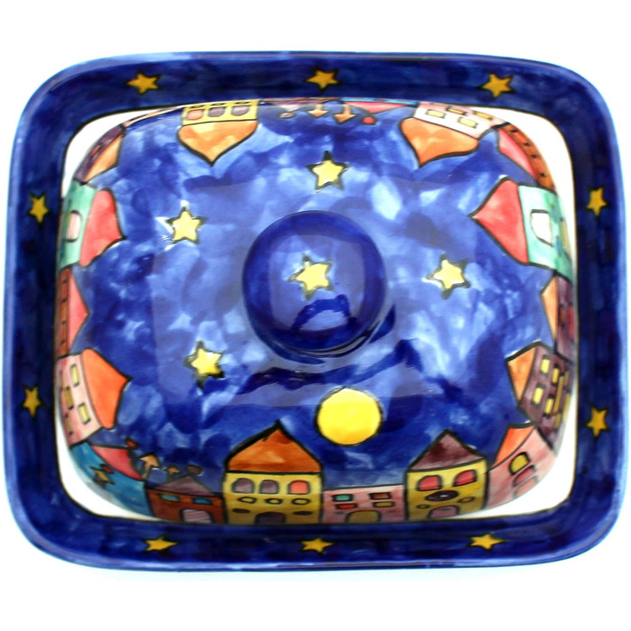 Butter dish with lid, designed by Gall&Zick, handcrafted from ceramic, for a standard 250g block of butter, colorfully hand-painted, dishwasher-safe (New Village)