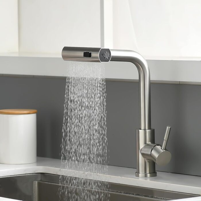 Кухонний змішувач AIMADI висувний з 3-ма режимами, з душовою насадкою, 38 см, однорідний, для холодної та гарячої води, для раковини та кухонного острова, з нержавіючої сталі, водоспад, матовий нікель