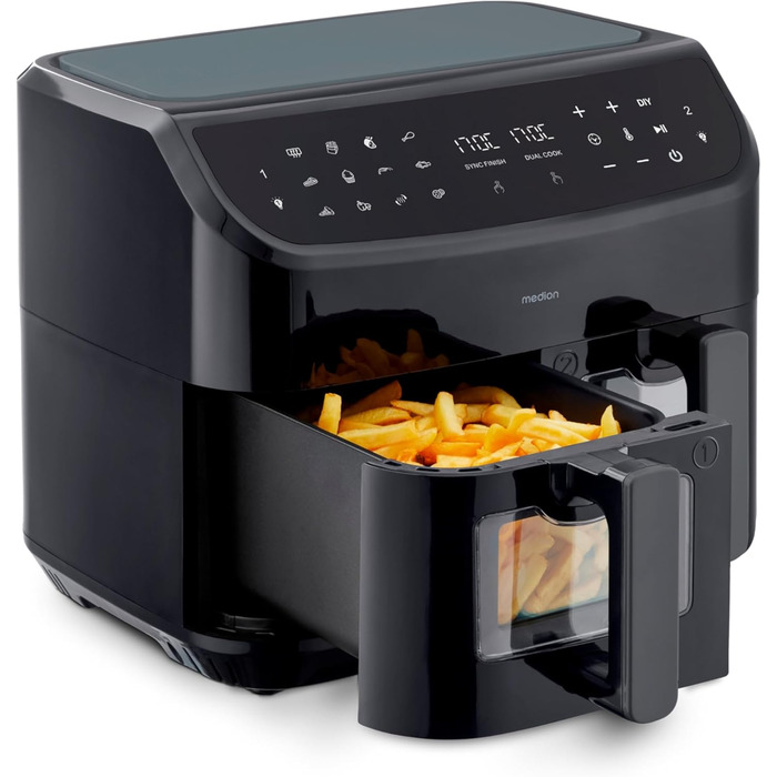 Аерофритюрниця MEDION P20 XXL, 8.7 л, 2600 Вт, подвійна камера, 9 програм, 2 кошики, чорна