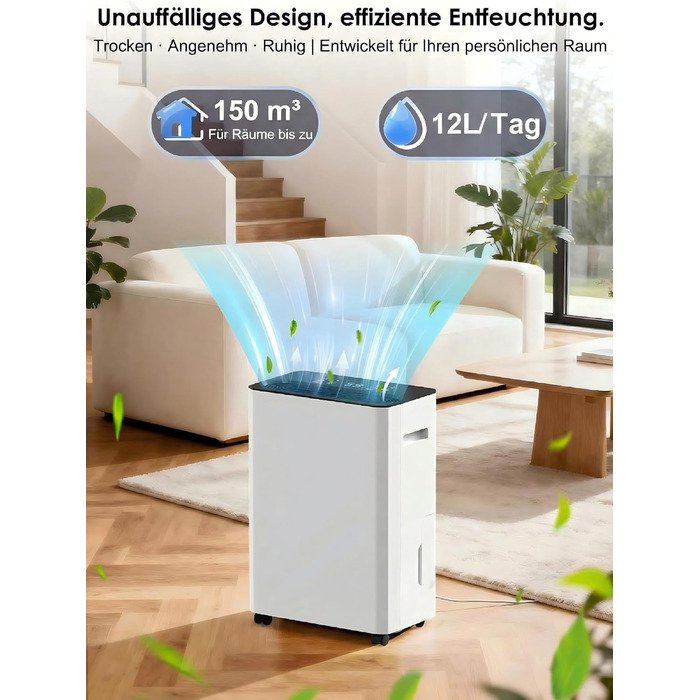 Електричний осушувач повітря з автоматичною та безперервною подачею води (шланг у комплекті), для спалень та підвалів, LED-дисплей, тихий з таймером (12л/день)