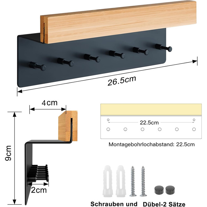 Дерев'яне ключниця з полицею, органайзер для ключів на 6 гачків, настінна дошка для ключів у прихожу, коридор, кухню
