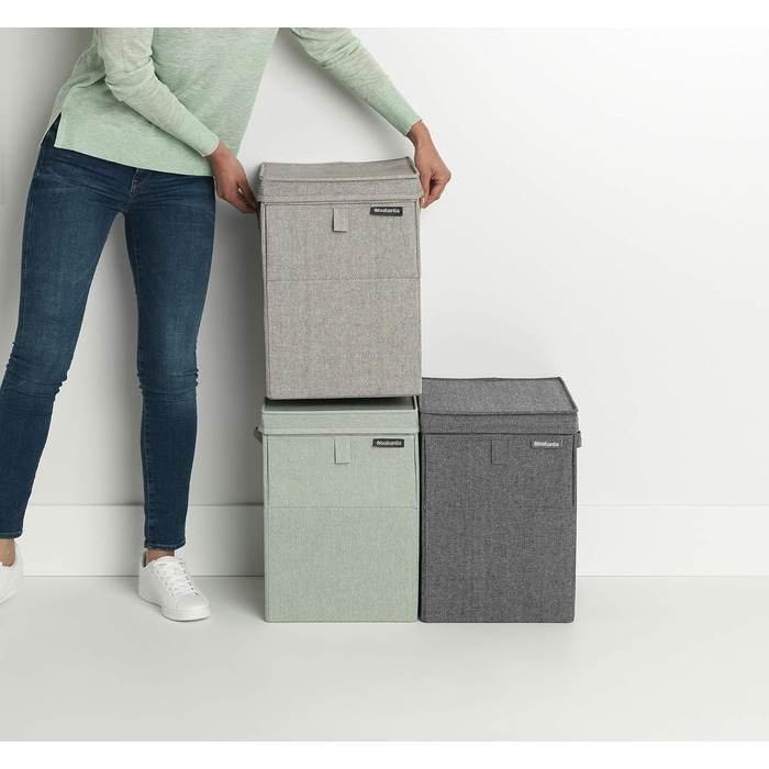 Brabantia - Stackable Laundry Box - Laundry Basket - Easy to fill and empty - Large volume - Folds flat quickly - Lightweight and sturdy handles - Grey - 35 L - 37.0 x 44.5 x 32.0 cm