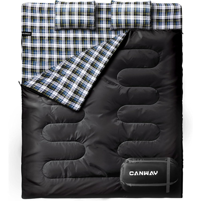 Спальний мішок CANWAY для двох дорослих 220x150 см, літній, з двома подушками, чорний фланель, для кемпінгу та відпочинку на природі