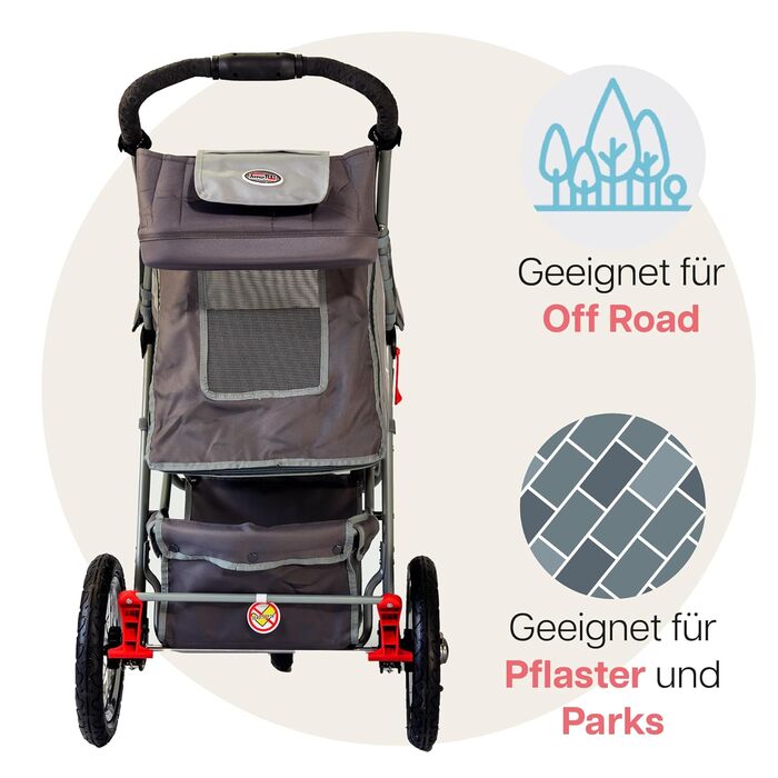 Візок для собак Innopet Comfort Air Eco чорного/срібного кольору – візок для собак/кішок з 30см повітряними колесами, складаний, для лісових стежок, з світловідбиваючими смугами, органайзером, з переробленого нейлону (сірий)