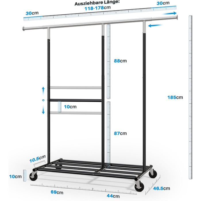 HOKEEPER Heavy-Duty Clothes Rack with Wheels, Up to 150 kg Load Capacity, Durable Clothes Rod with Shelves for Hanging, for Bedroom, Office, Business, Chrome Steel, Black