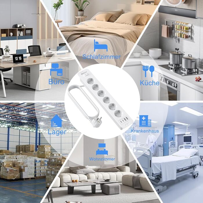 Мережевий фільтр 6-фазовий з USB-портами (4 USB-A, 2 USB-C), з вимикачем, білий, PD 20W