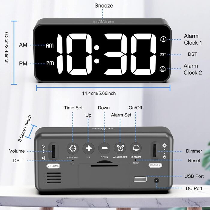 LED-годинник LATEC з двома будильниками, USB-порт для зарядки, регулювання яскравості, гучність 90-120 дБ, 8 мелодій, 12/24 год, чорний