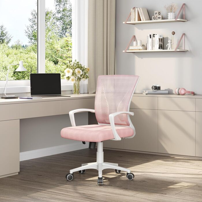 Офісне крісло Yaheetech ергономічне, з сітчастою спинкою, з підлокітниками, для офісу, комп'ютерне крісло, витримує до 136 кг, дихаюче, з функцією гойдання (Рожеве, фіксовані підлокітники)