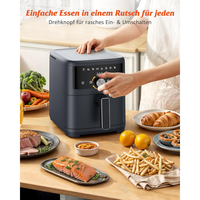 Аерофритюрниця Innsky 6 л, 8-в-1, електрична Heißluftfritteuse XXL, 1500 Вт, LED-сенсор, енергоощадна, тиха (50 дБ), для 3-5 осіб, сіра, квадратна, можна мити в посудомийці