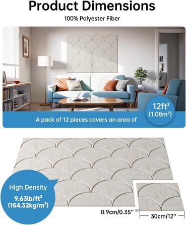 Акустичні панелі Soundsbay для звукоізоляції та декору стін, самоклеючі звукопоглинаючі плити з поліестеру, 30x30x0.9 см, світло-бежевий, 12 шт.