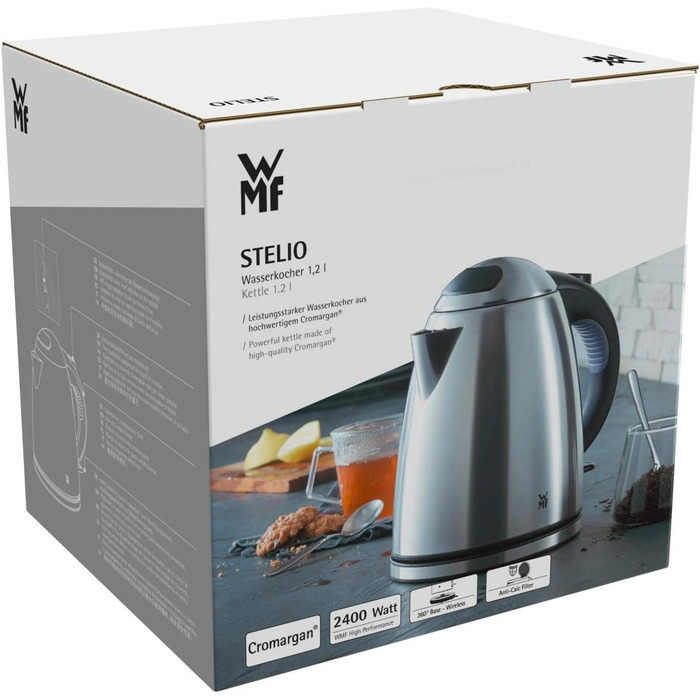 WMF Stelio Stainless Steel Kettle 1.2L, Electric Kettle with Scale Water Filter, 2400 W, Illuminated Water Level Indicator, Matte Stainless Steel