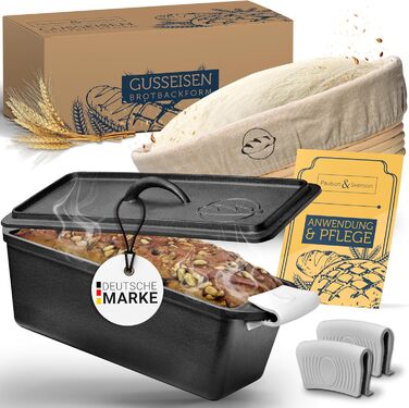 Paulson & Svenson® Loaf Pan with Lid, including Dough Proofing Basket & Silicone Handles - High-quality baked enamel bread pan - Cast iron loaf pan ideal for baking, cooking, and grilling, a cast iron cake pan