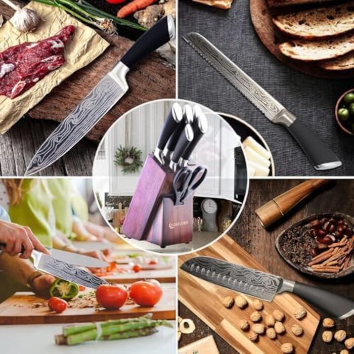 Набір кухонних ножів ChefHoablorn Profi: 7 шт. з дерев'яним блоком, професійна якість, для дому, приготування їжі, подарунок