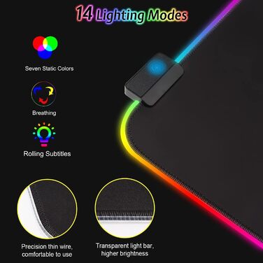 Килимок для миші ігровий RGB 800x300 мм XXL, великий, з 14 режимами підсвічування, 7 LED кольорами, вологостійкий, з антиковзким покриттям для ПК, професійний геймер, чорний