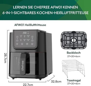 Аерофритюрниця CHEFREE 5 л для сім'ї, 6-в-1, багатофункціональна, з оглядовим вікном, до 200°C, 1500 Вт, чорна, модель AFW01