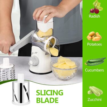 Механічна тертка для сиру та овочів Diealles Shine з ручкою, 3 змінні леза з нержавіючої сталі, для сиру, овочів, горіхів, кави, білий колір