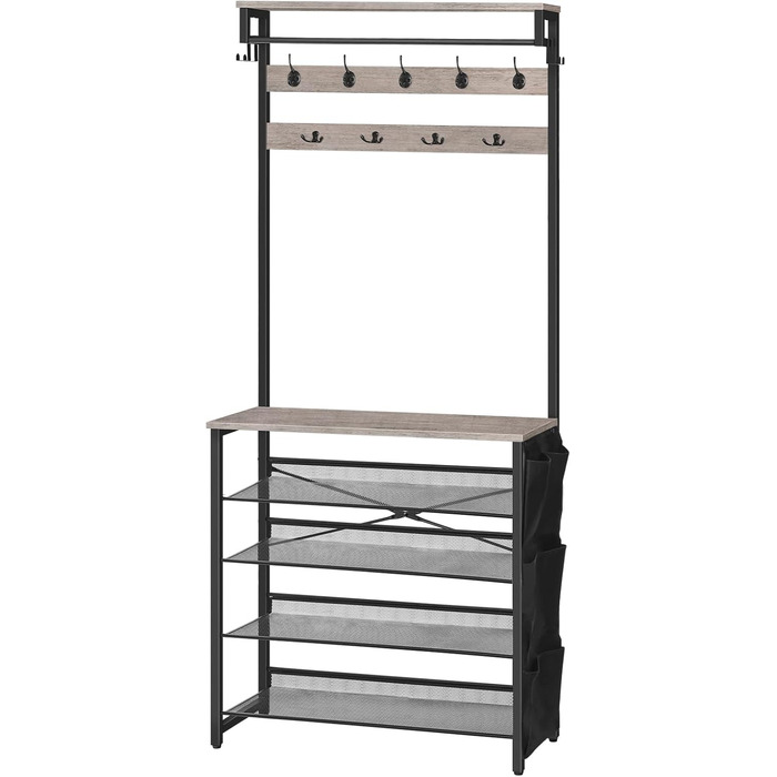 HOOBRO Coat Rack with Shoe Storage, Shoe Shelf with Coat Rack, Clothes Rack with 5-Tier Shoe Storage, Coat Rack with Shoe Cabinet, Adjustable Metal Grid Shelf, Greige EBG75MT01